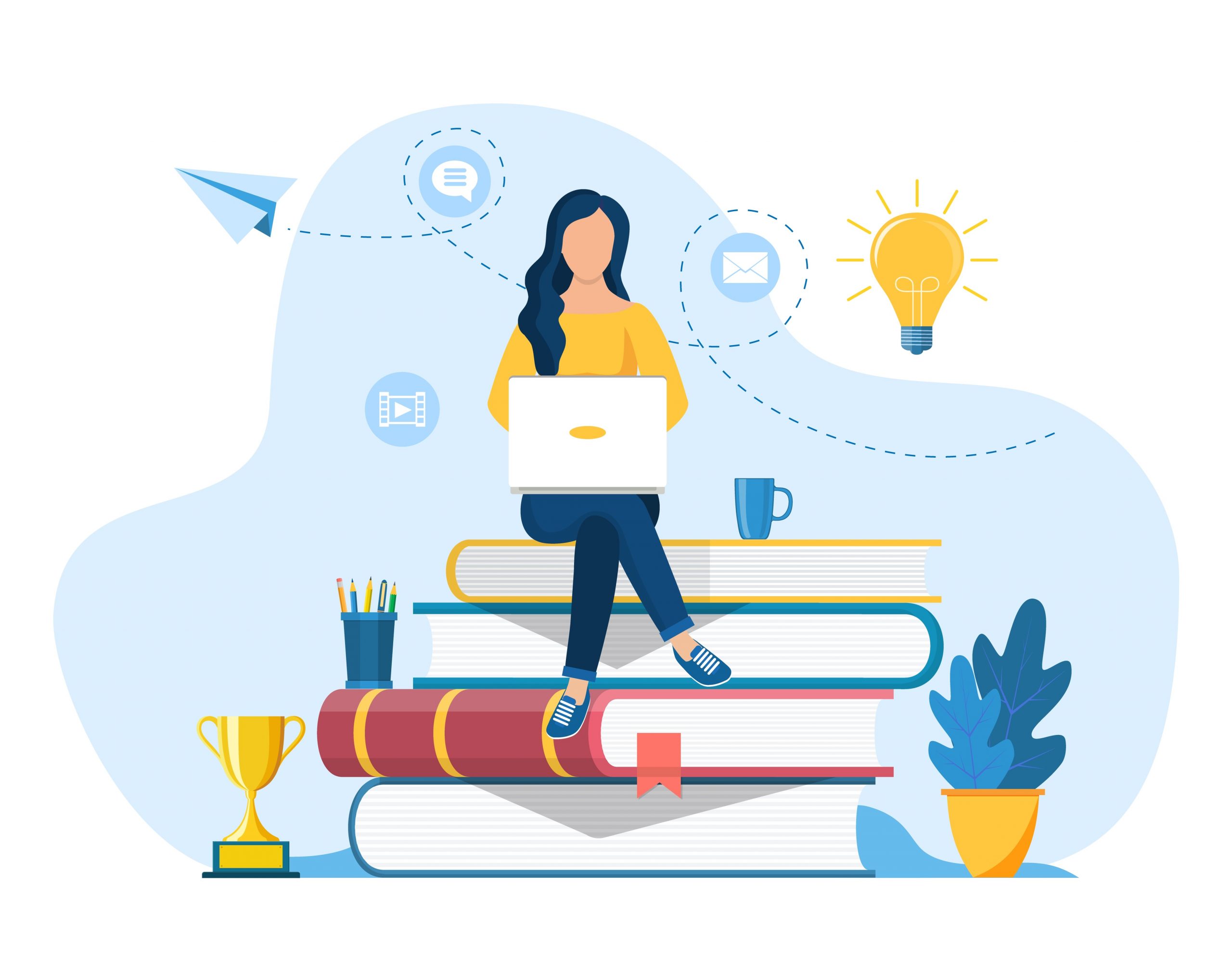 Woman sitting on books representing Salesforce Case Study